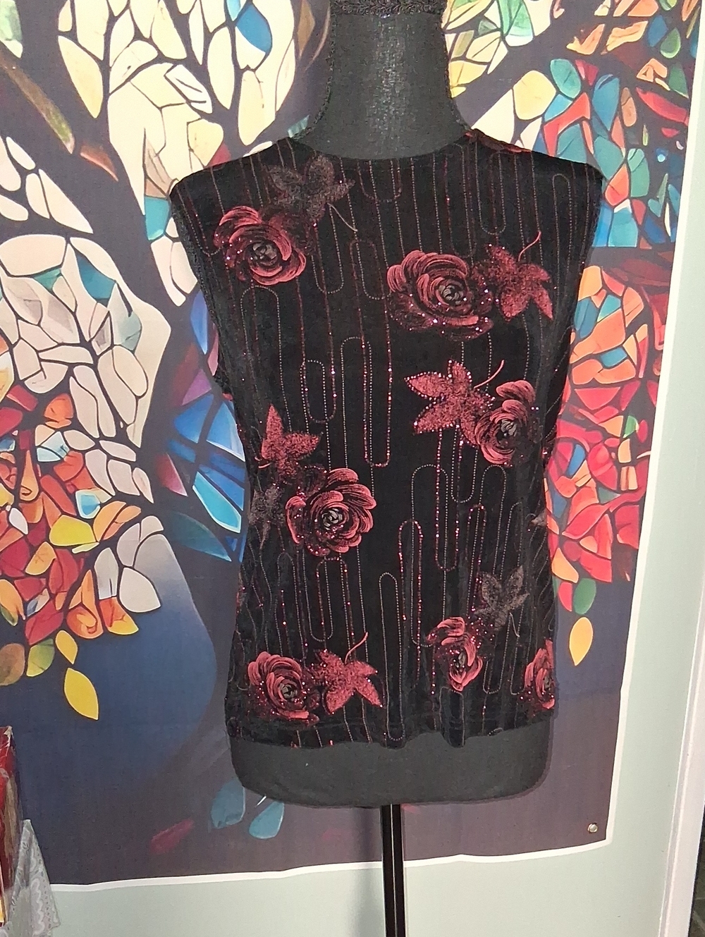 Black Velvet Sleeveless Tank Top with Red Floral Detail